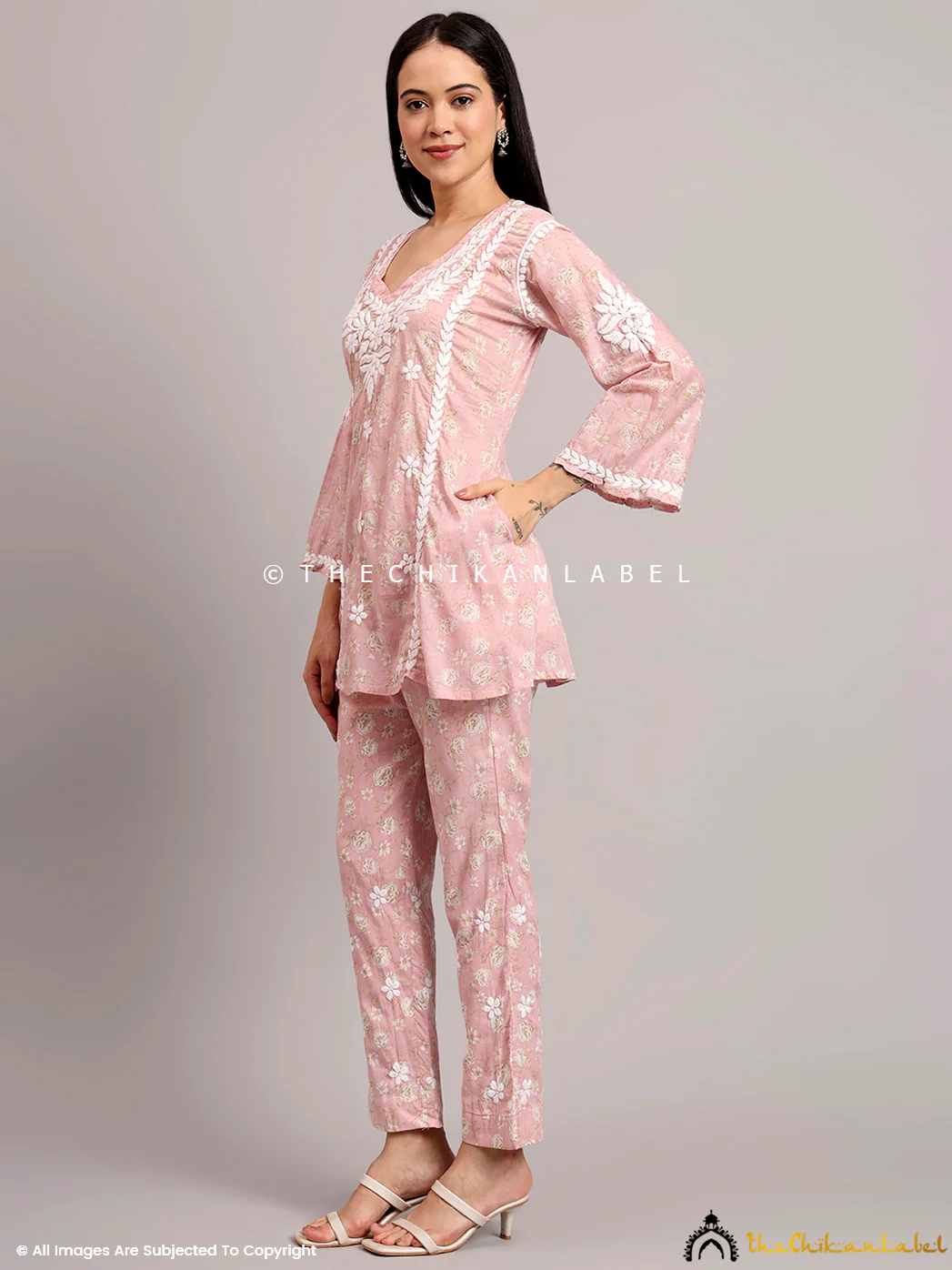 Vedika Mulmul Cotton Chikankari Co-ord Set - Pink - Image 5