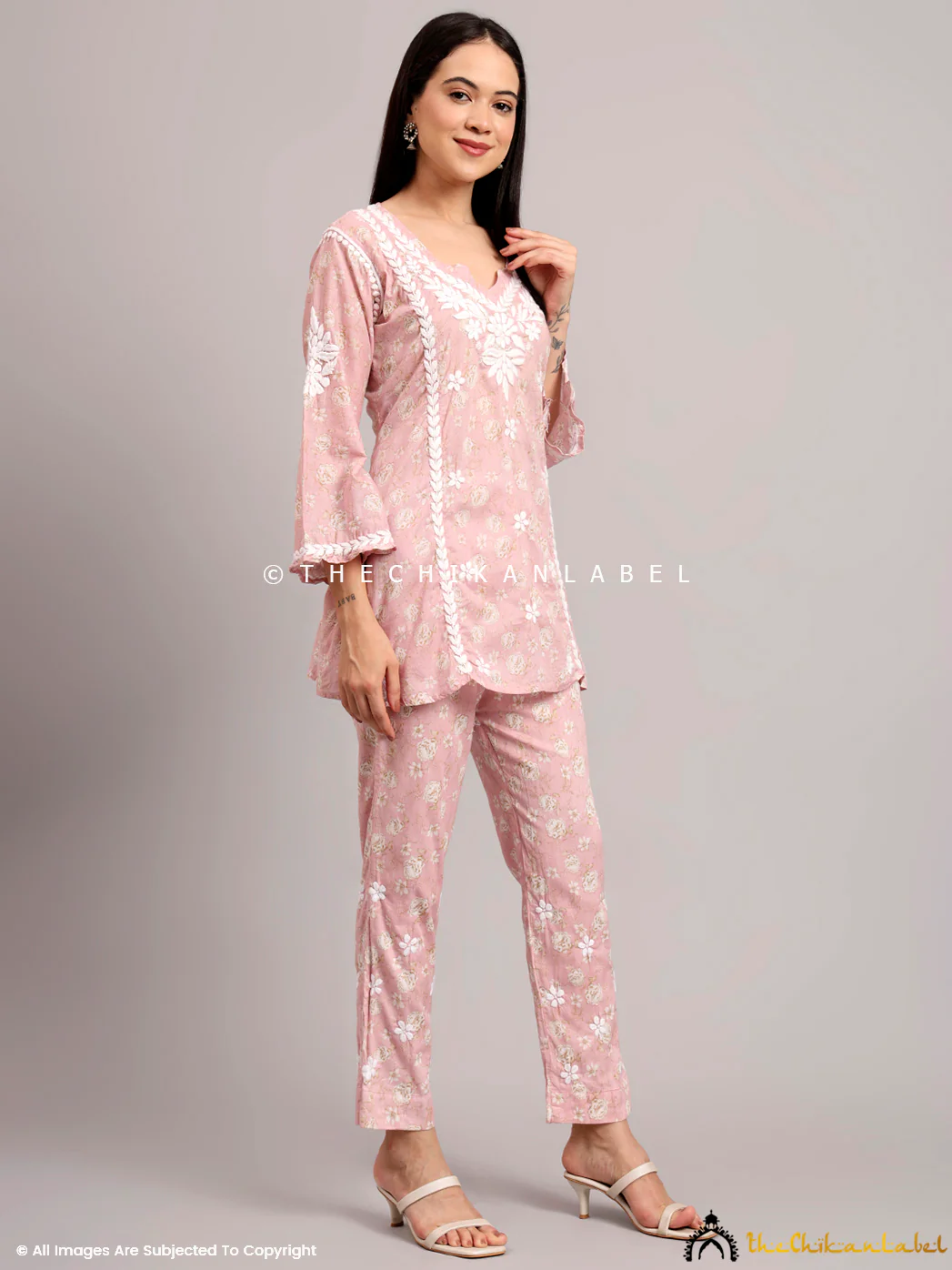 Vedika Mulmul Cotton Chikankari Co-ord Set - Pink - Image 6