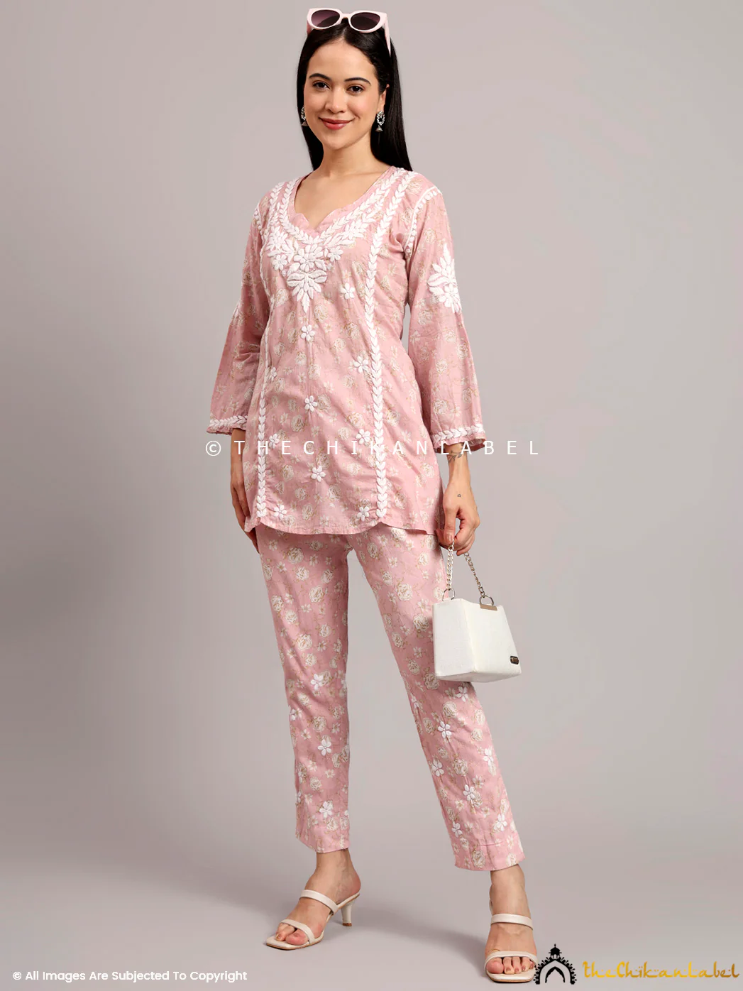 Vedika Mulmul Cotton Chikankari Co-ord Set - Pink - Image 7