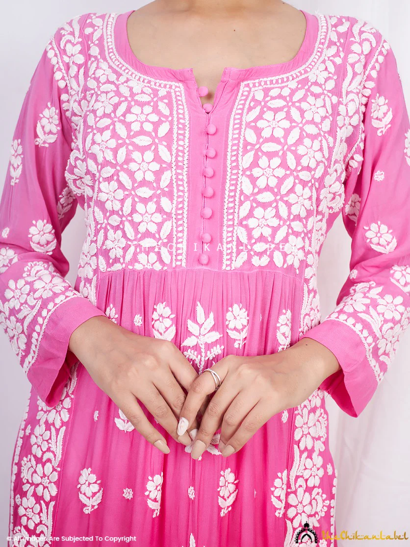 Vidhi Muslin Chikankari Straight Kurti - Pink - Image 2