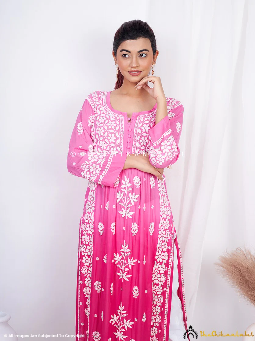 Vidhi Muslin Chikankari Straight Kurti - Pink - Image 4