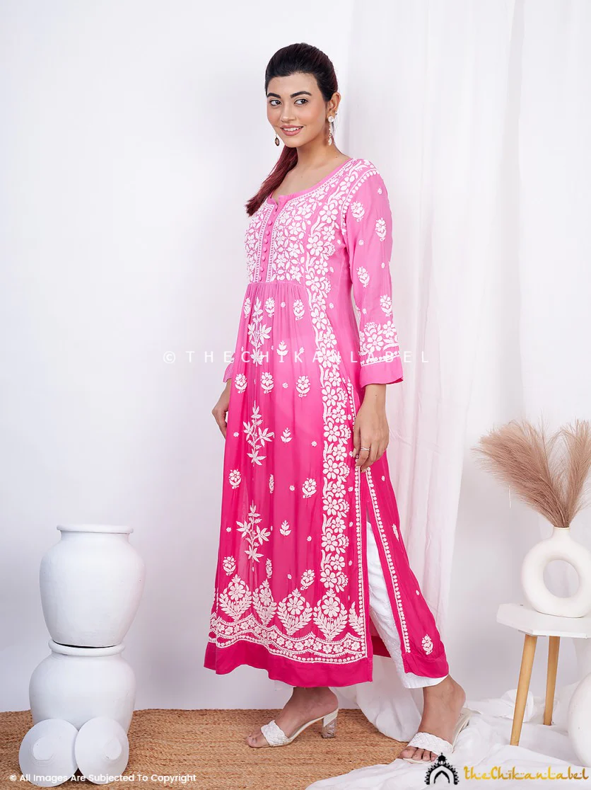 Vidhi Muslin Chikankari Straight Kurti - Pink - Image 5