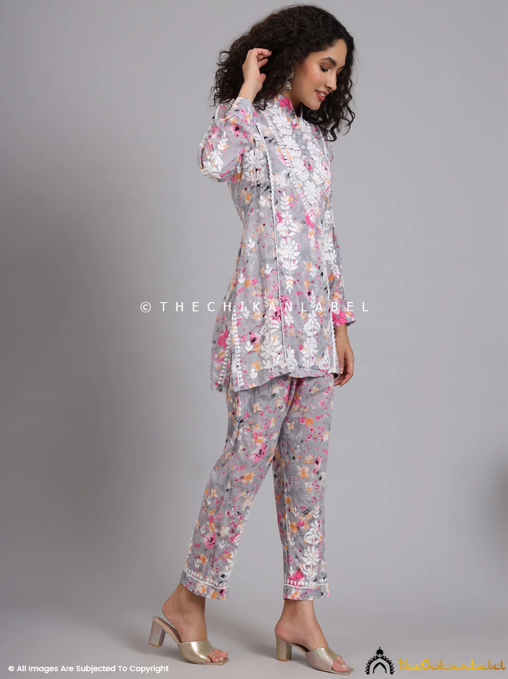 Yashi Mulmul Printed Chikankari Co-ord Set - Pink - Image 7