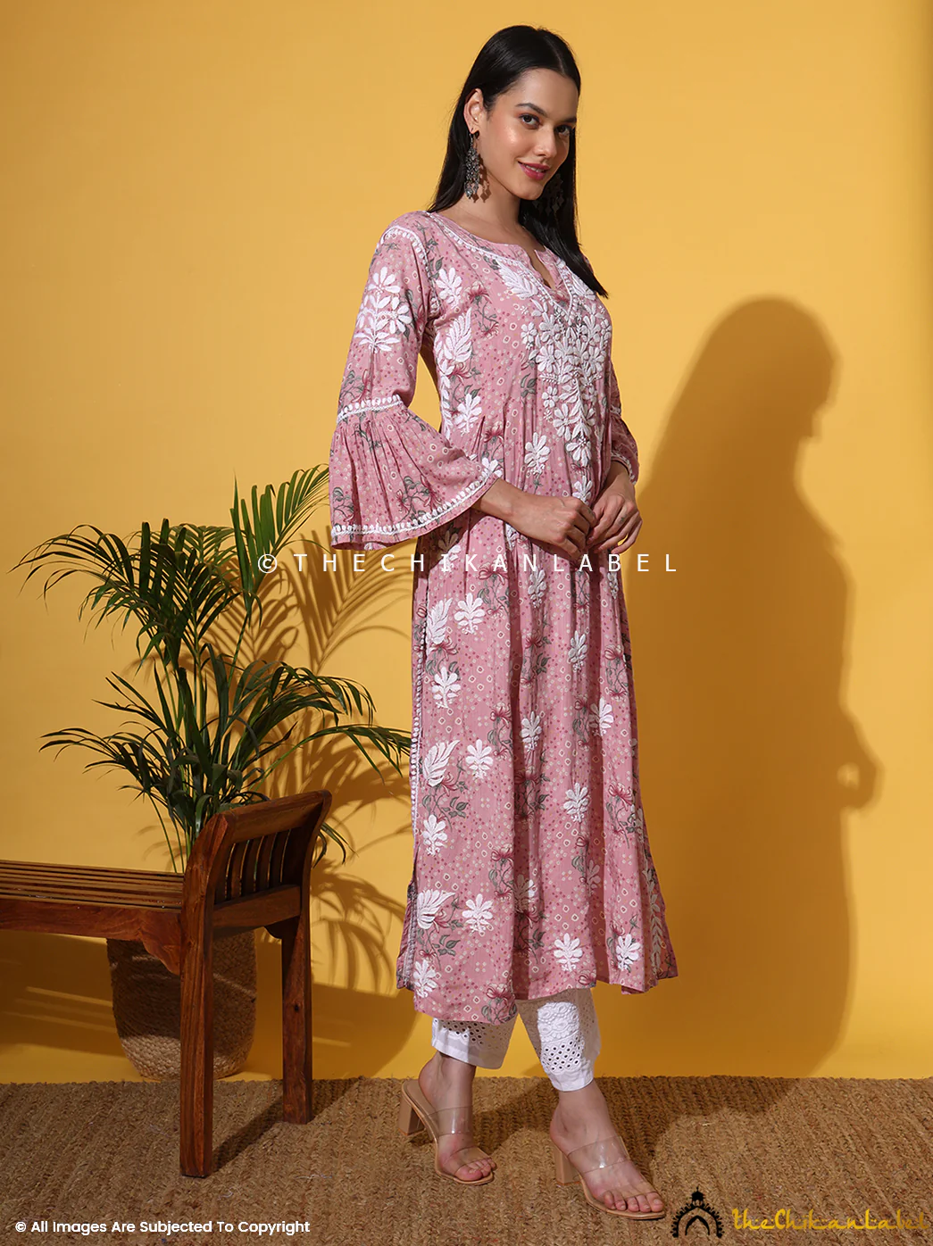 Zoha Mulmul Cotton Chikankari A-Line Kurti - Pink - Image 11