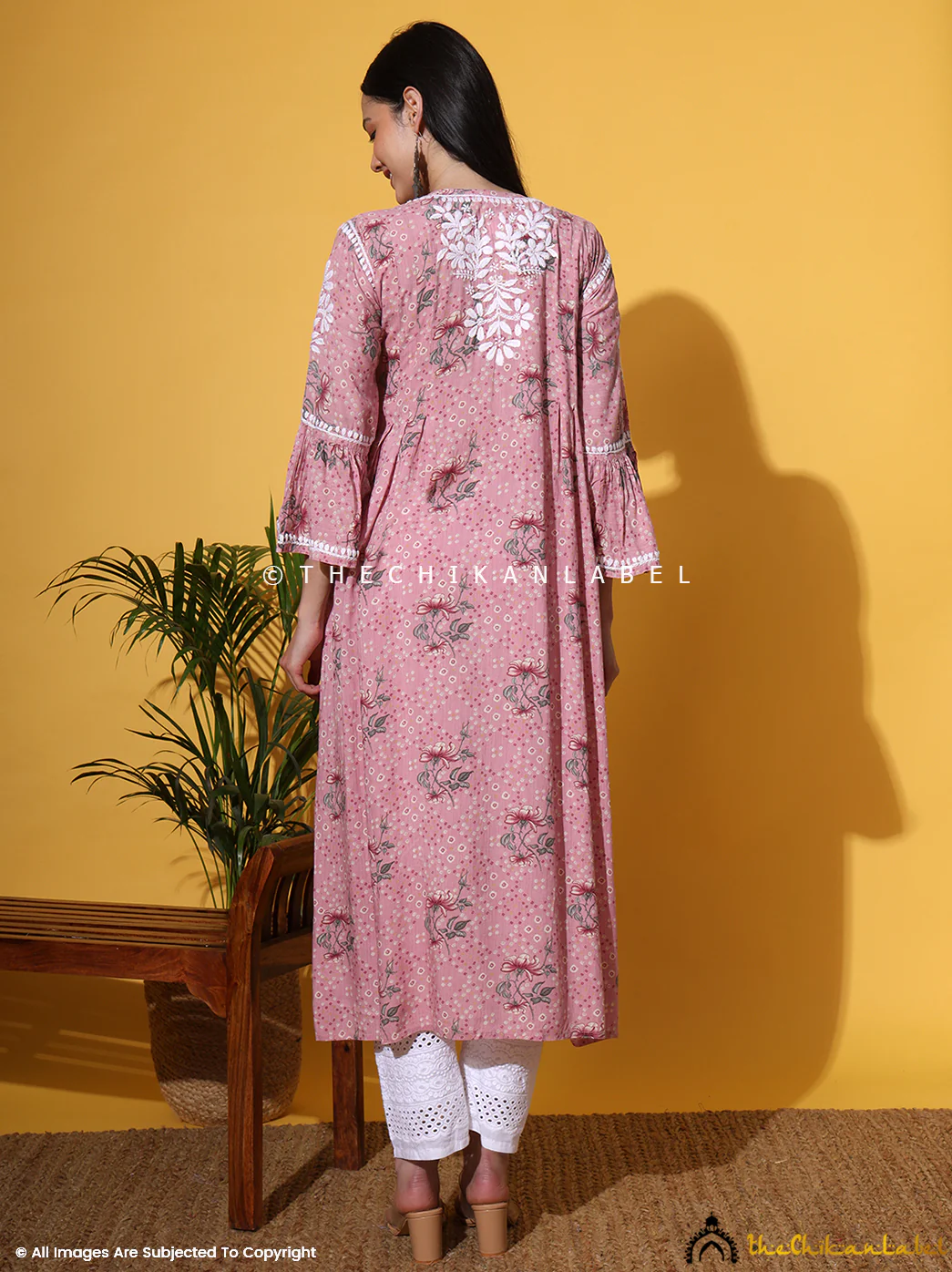 Zoha Mulmul Cotton Chikankari A-Line Kurti - Pink - Image 3