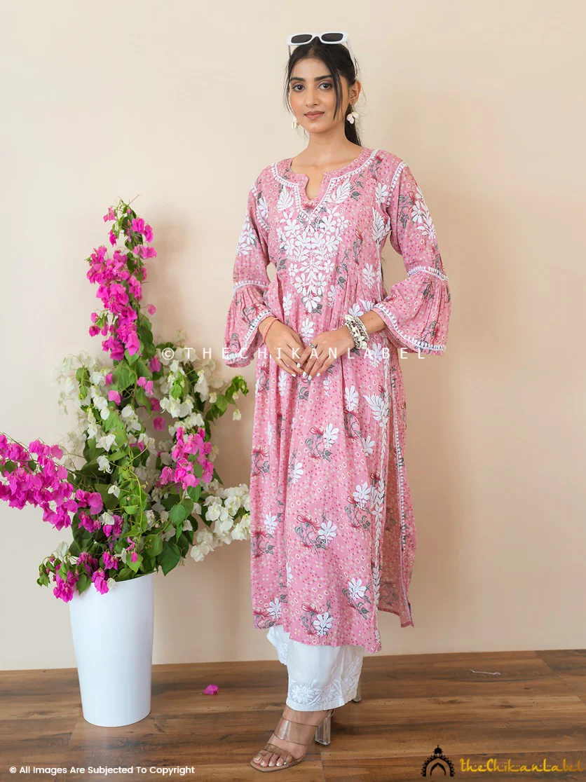 Zoha Mulmul Cotton Chikankari A-Line Kurti - Pink - Image 4