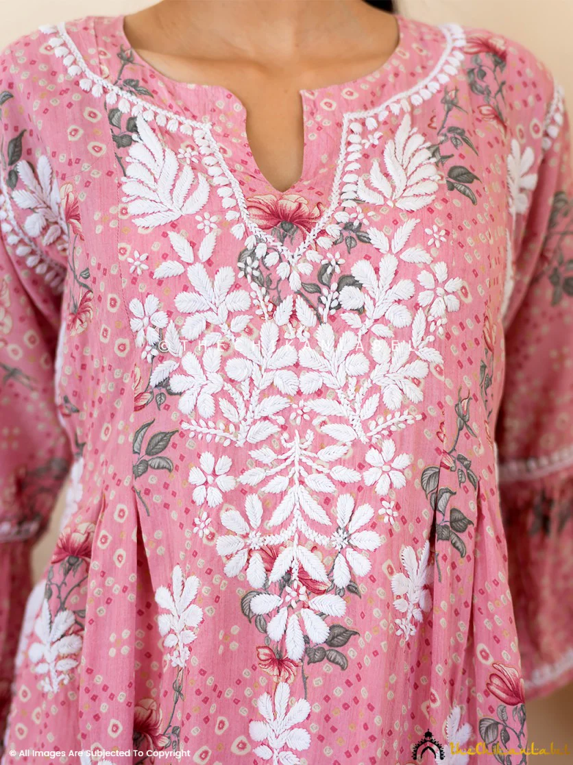 Zoha Mulmul Cotton Chikankari A-Line Kurti - Pink - Image 5
