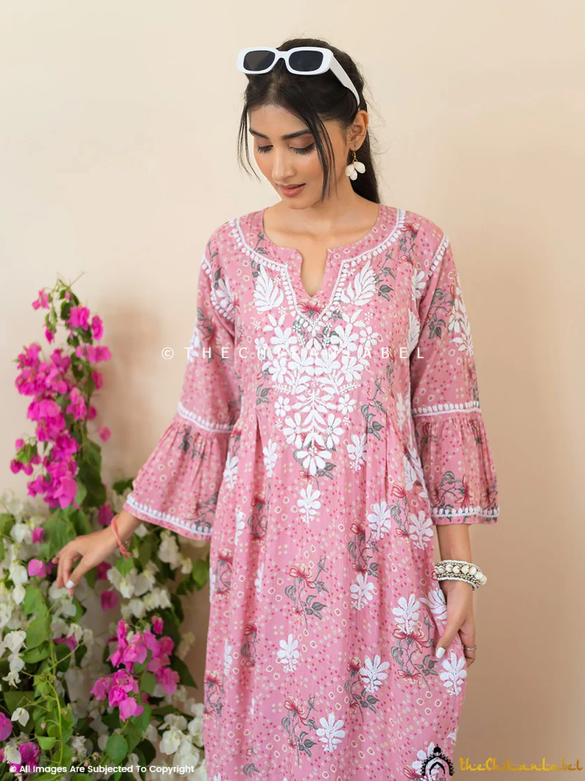 Zoha Mulmul Cotton Chikankari A-Line Kurti - Pink - Image 6