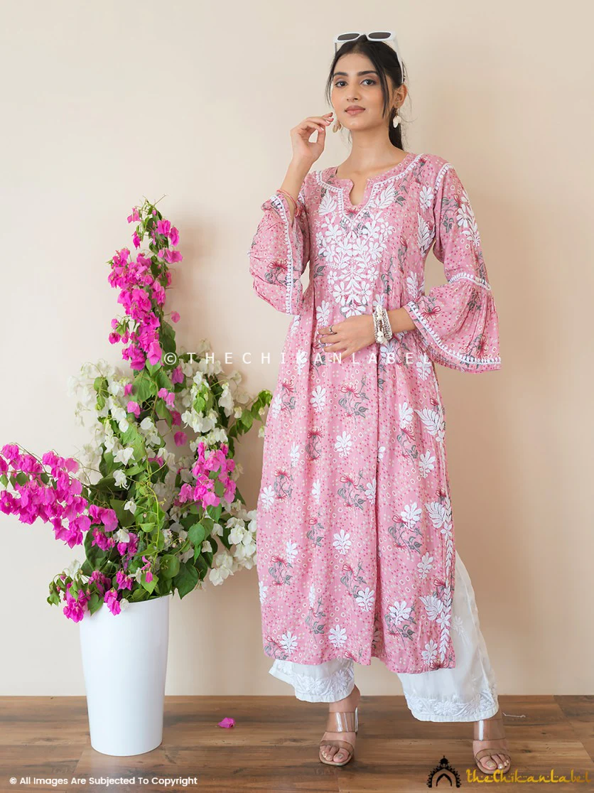 Zoha Mulmul Cotton Chikankari A-Line Kurti - Pink - Image 7