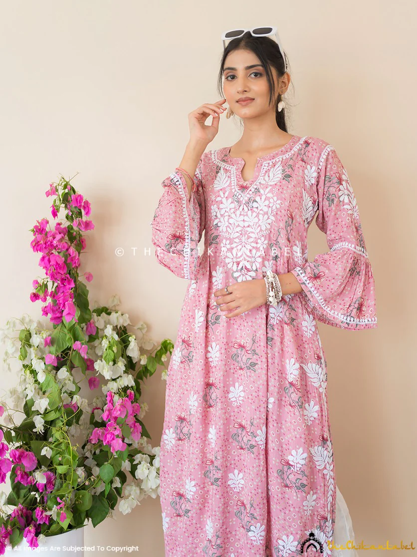 Zoha Mulmul Cotton Chikankari A-Line Kurti - Pink - Image 8