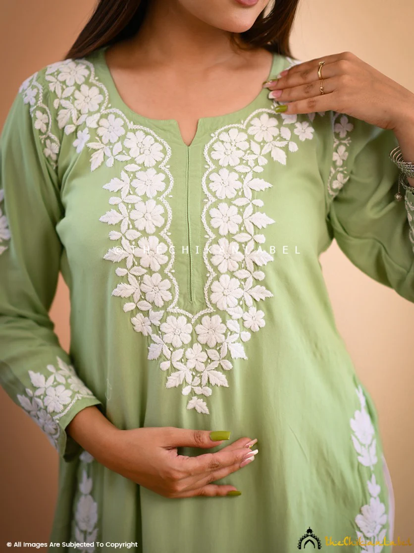 Aisha Rayon Chikankari Straight Kurti -Pista Green - Image 2
