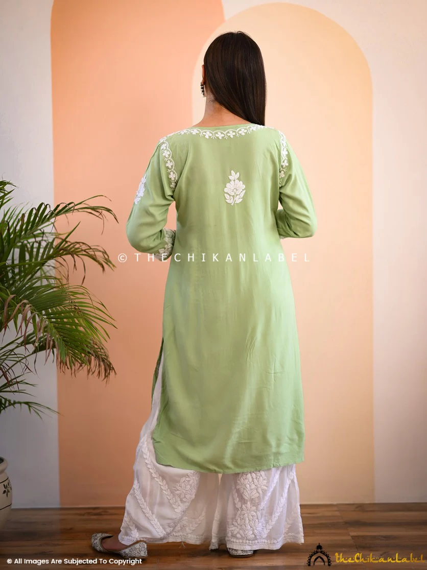 Aisha Rayon Chikankari Straight Kurti -Pista Green - Image 3