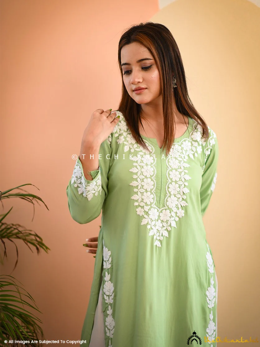 Aisha Rayon Chikankari Straight Kurti -Pista Green - Image 4