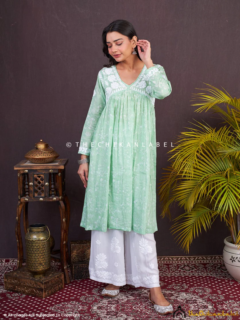 Alia Mulmul Chikankari Anarkali -Pista Green - Image 10