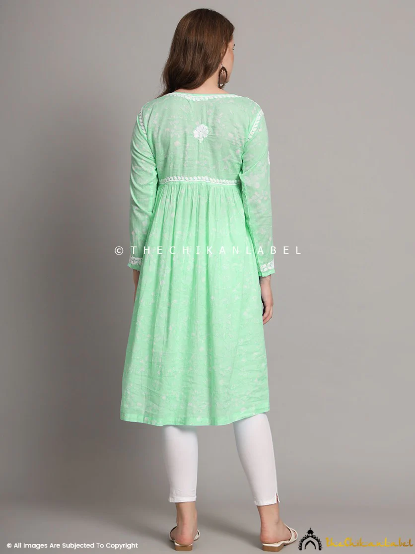 Alia Mulmul Chikankari Anarkali -Pista Green - Image 3