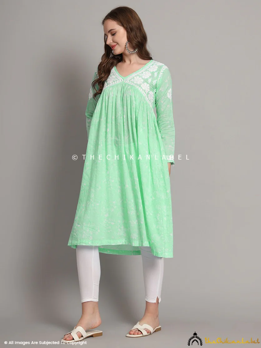Alia Mulmul Chikankari Anarkali -Pista Green - Image 4