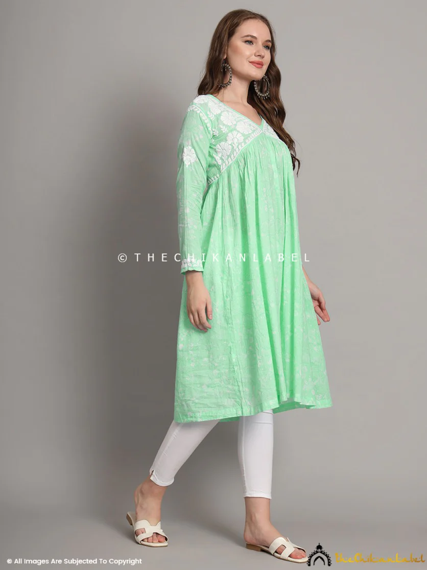 Alia Mulmul Chikankari Anarkali -Pista Green - Image 5