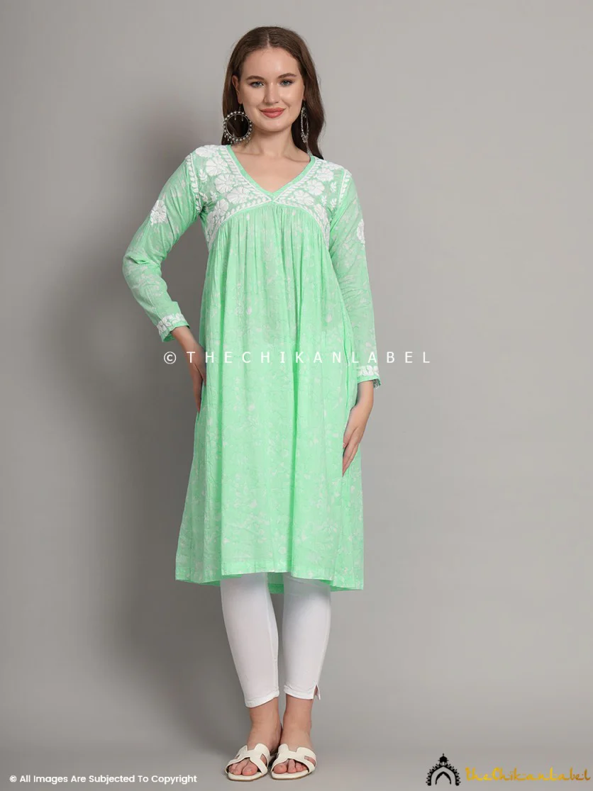 Alia Mulmul Chikankari Anarkali -Pista Green - Image 6