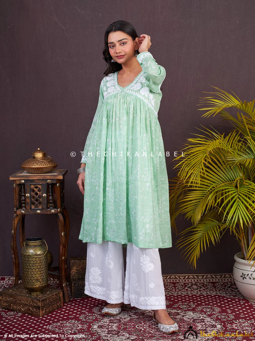 Alia Mulmul Chikankari Anarkali -Pista Green - Image 7
