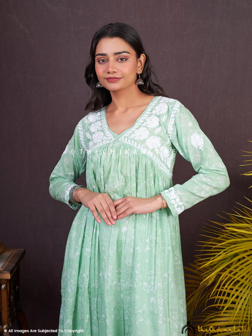 Alia Mulmul Chikankari Anarkali -Pista Green - Image 8