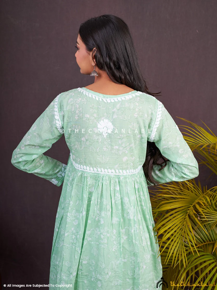 Alia Mulmul Chikankari Anarkali -Pista Green - Image 9