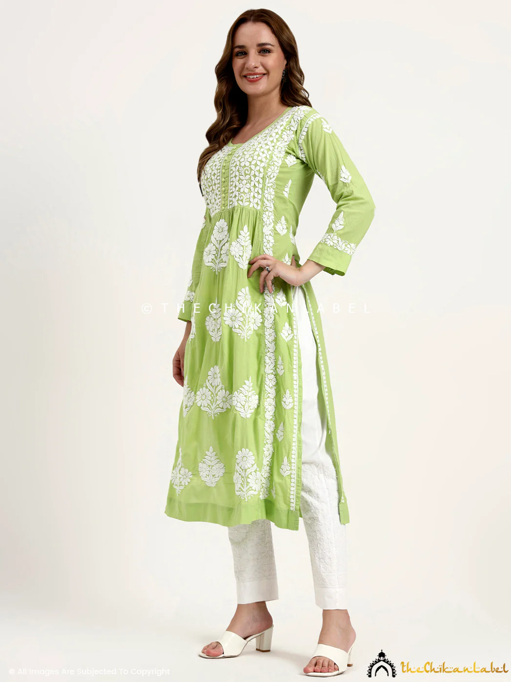 Amulya Cotton Chikankari Nyra Cut Straight Kurti - Pista Green - Image 4