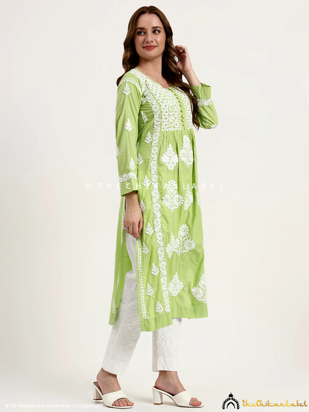 Amulya Cotton Chikankari Nyra Cut Straight Kurti - Pista Green - Image 5