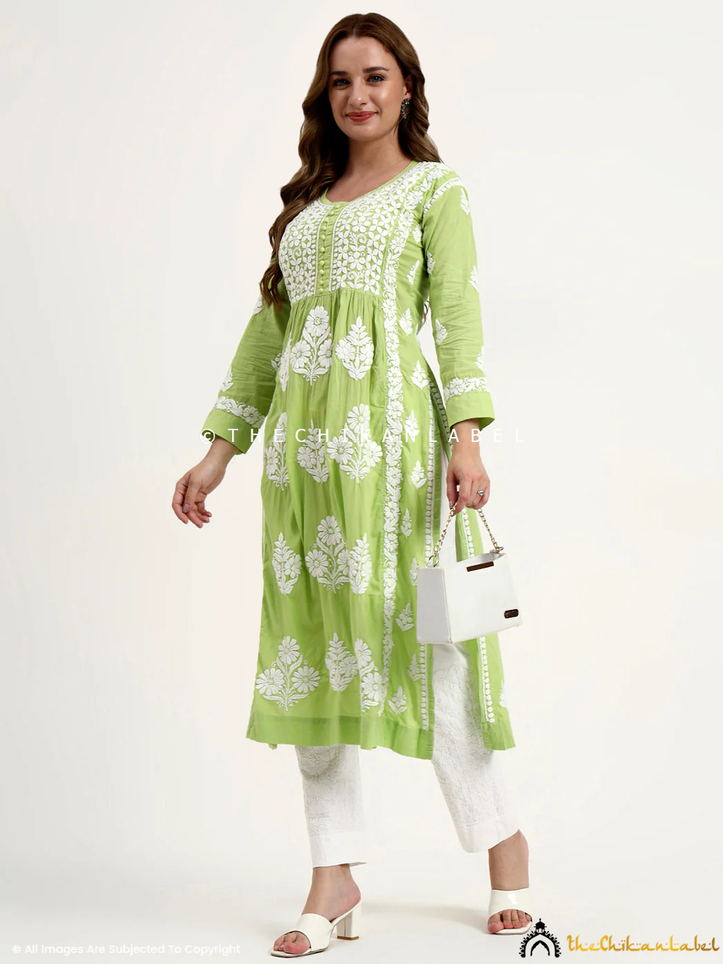 Amulya Cotton Chikankari Nyra Cut Straight Kurti - Pista Green - Image 6