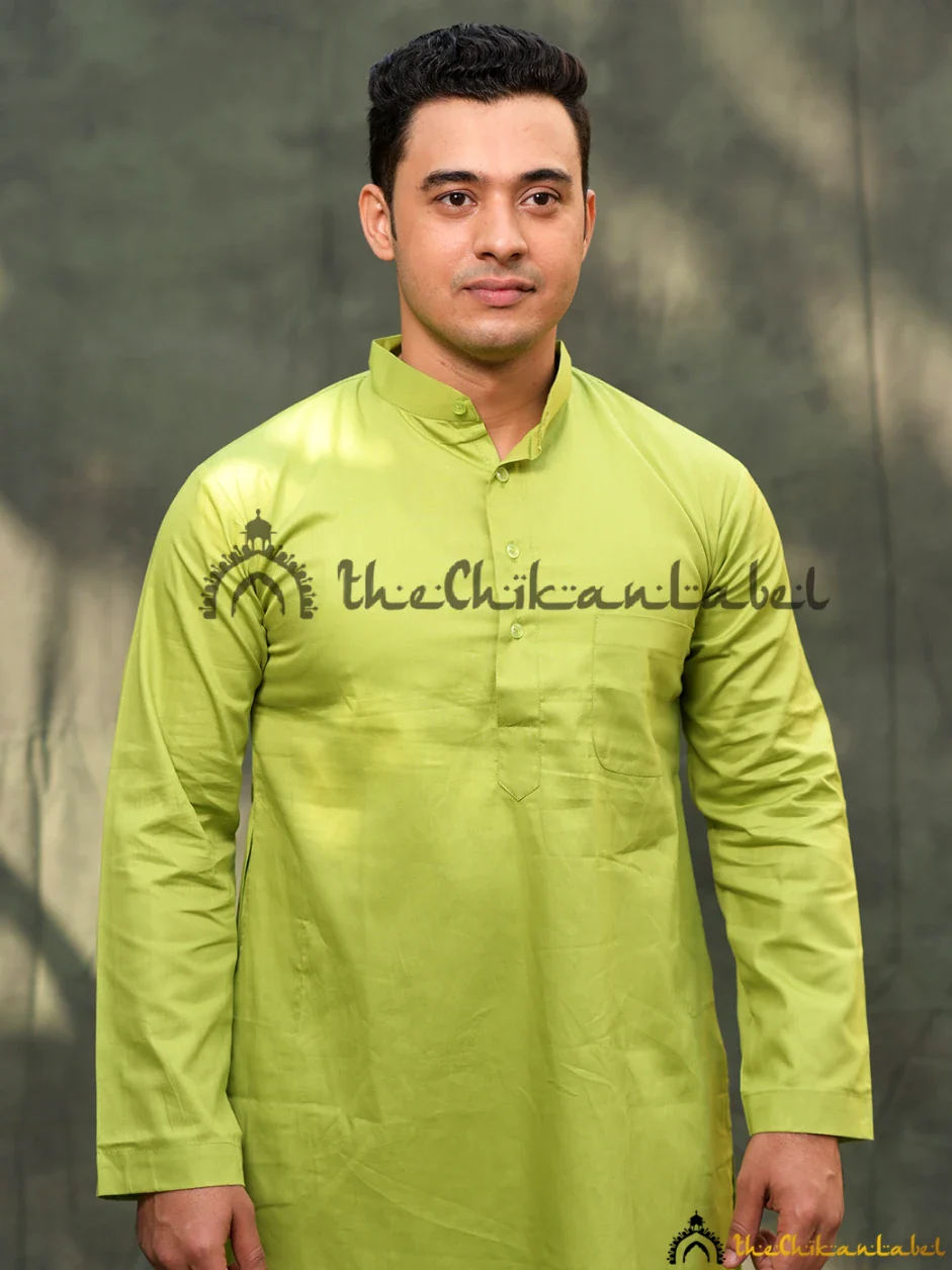 Pista Green Cotton Mens Kurta Lucknawi Chikankari Handmade - Image 3
