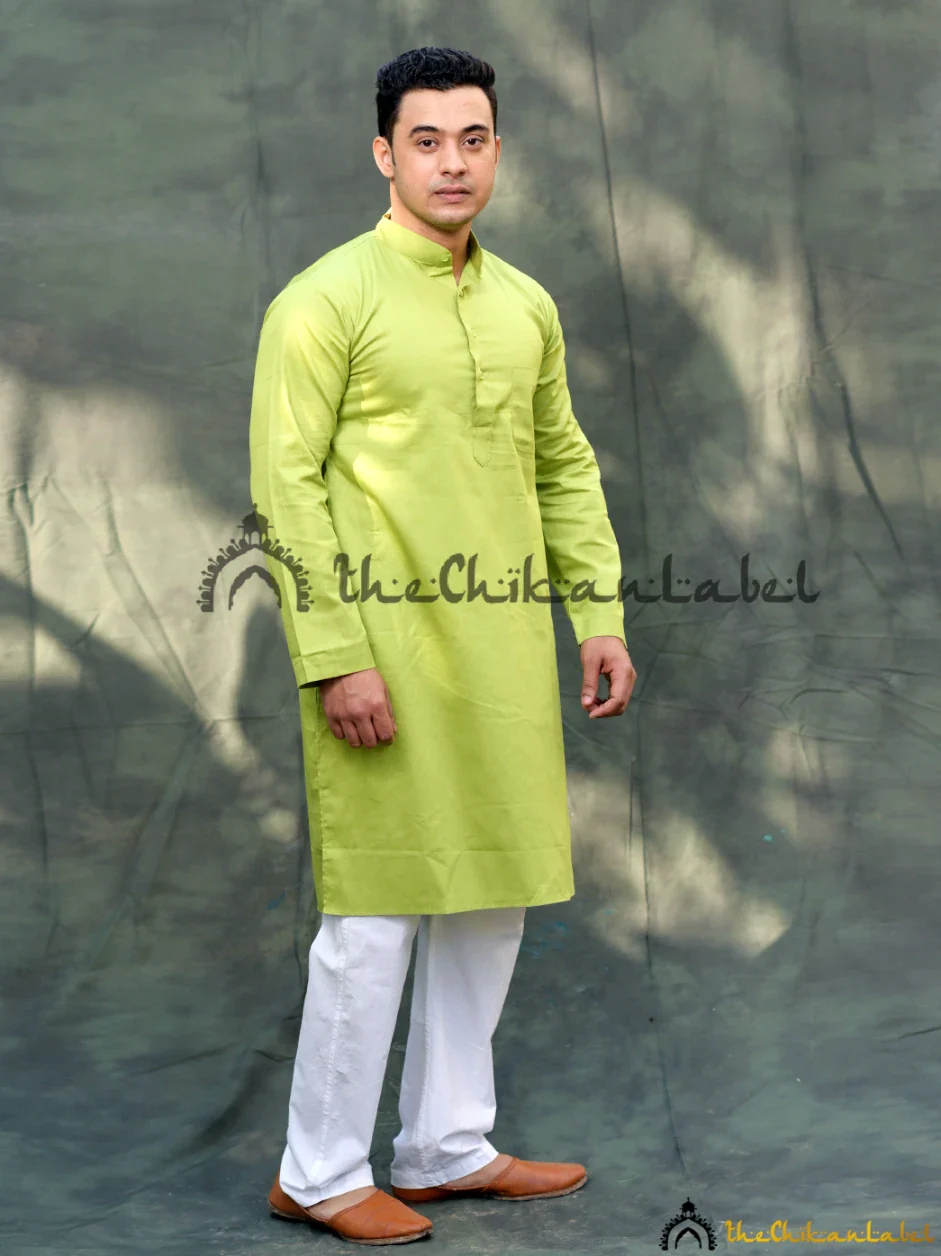 Pista Green Cotton Mens Kurta Lucknawi Chikankari Handmade - Image 4