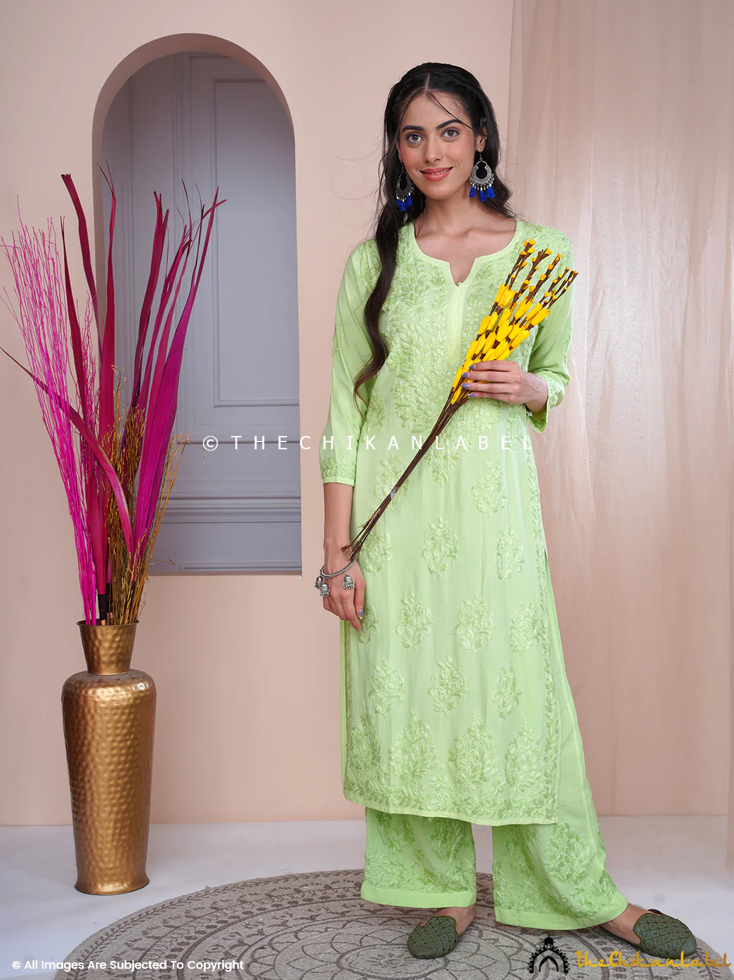 Freya Modal Chikankari Kurti Palazzo Set - Pista Green - Image 2