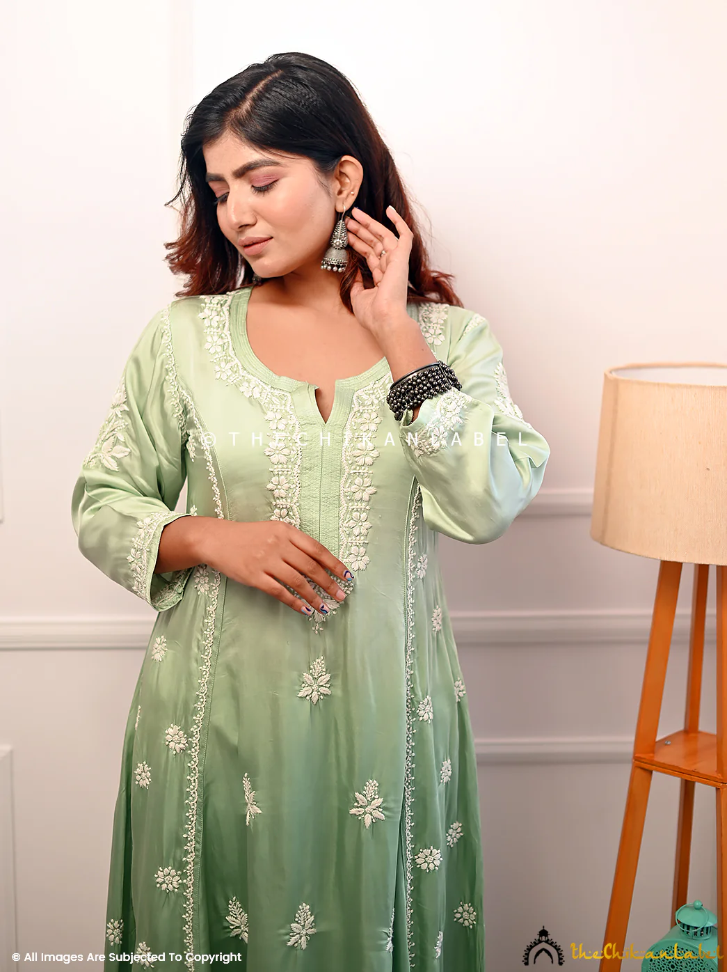 Pista Green Isha Modal Satin Chikankari A-Line Kurti - Image 2