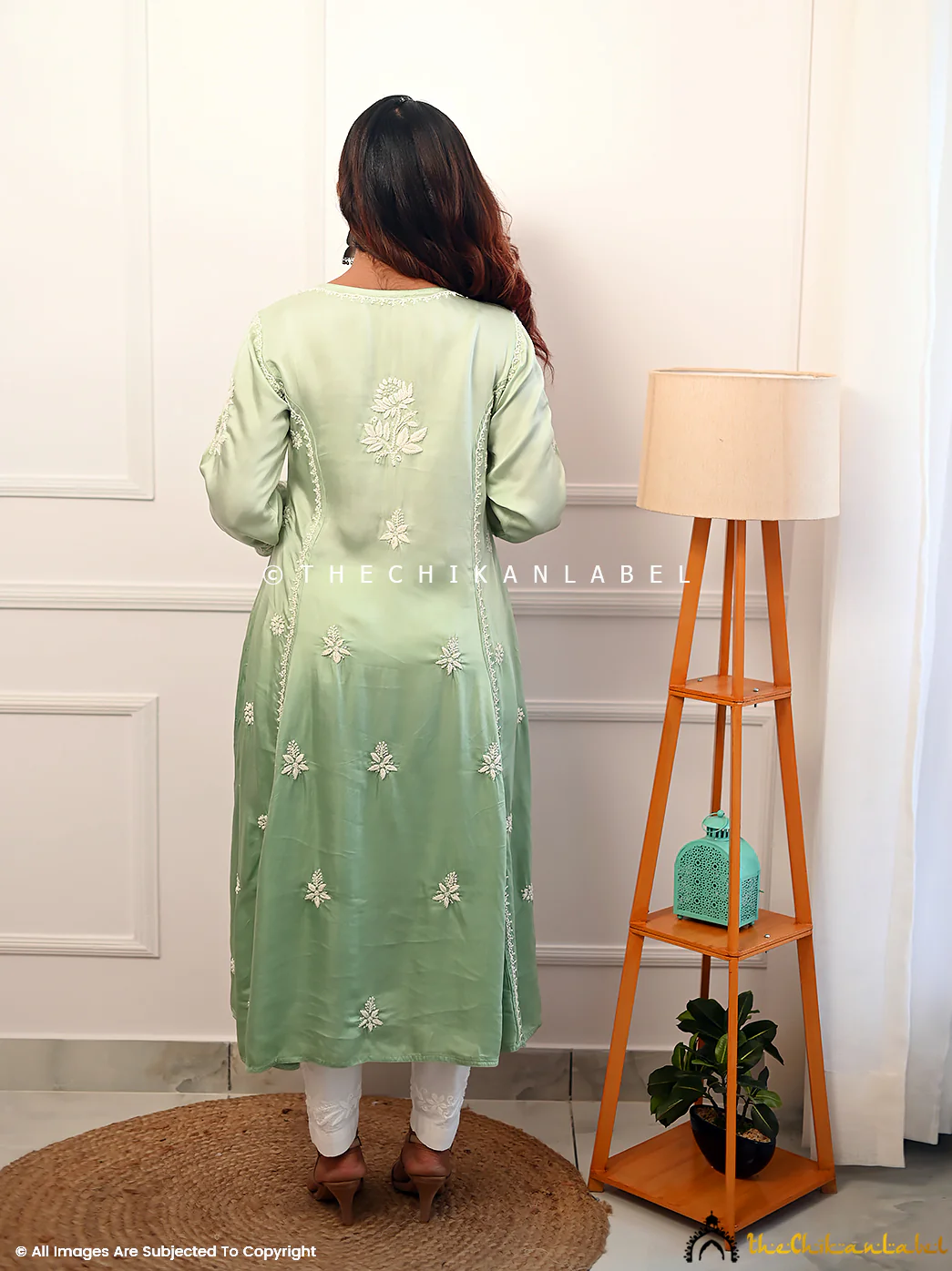 Pista Green Isha Modal Satin Chikankari A-Line Kurti - Image 3