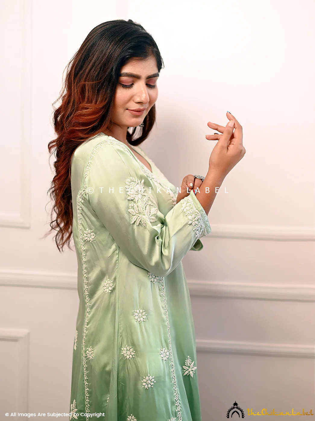 Pista Green Isha Modal Satin Chikankari A-Line Kurti - Image 4