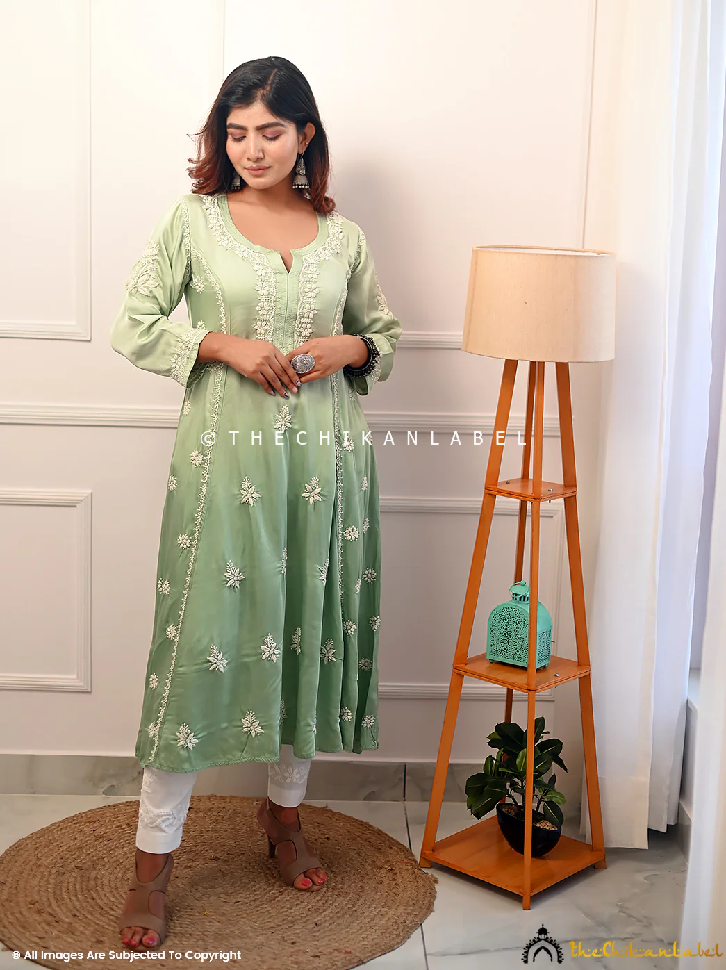 Pista Green Isha Modal Satin Chikankari A-Line Kurti - Image 5