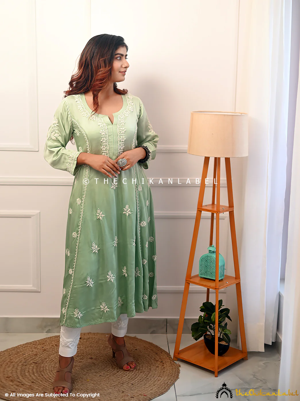 Pista Green Isha Modal Satin Chikankari A-Line Kurti - Image 6