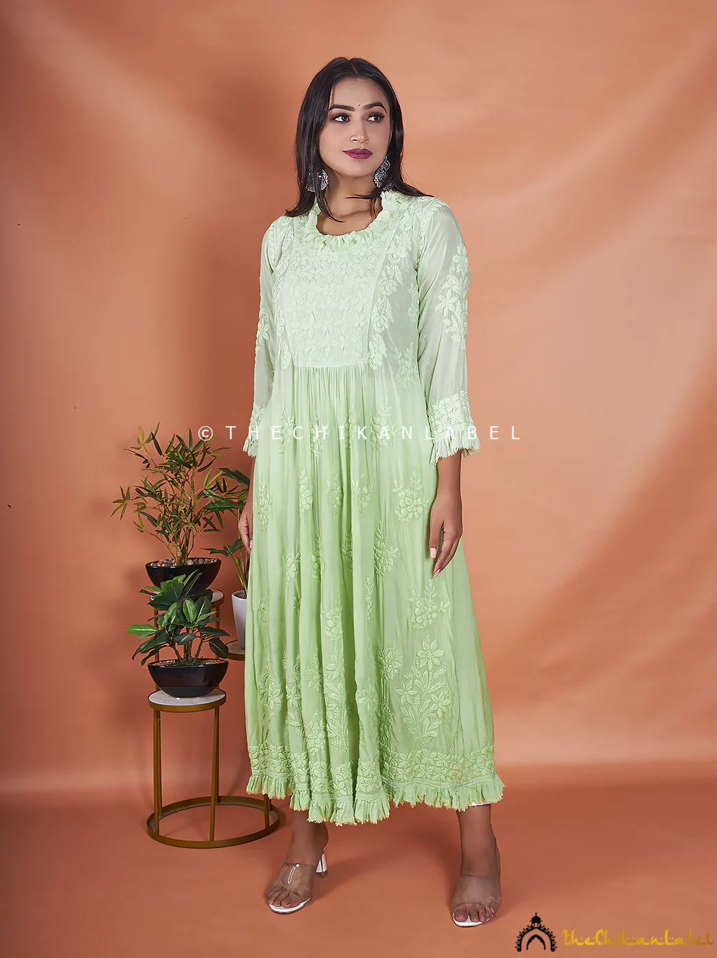 Pista Green Noori Muslin Chikankari Anarkali - Image 3