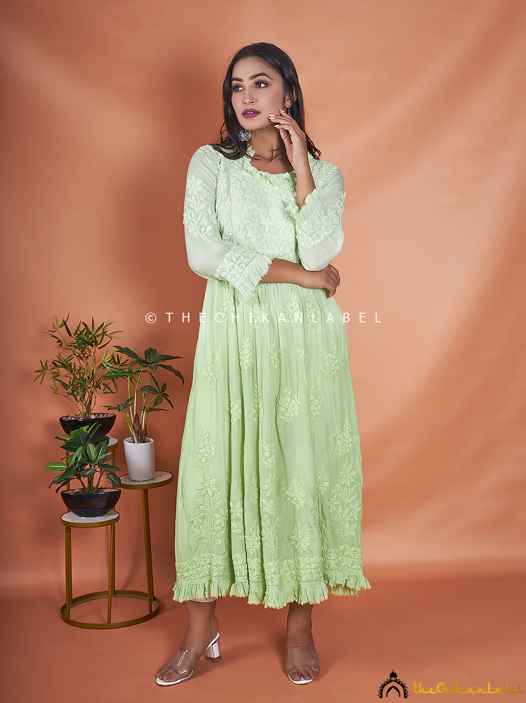 Pista Green Noori Muslin Chikankari Anarkali - Image 4