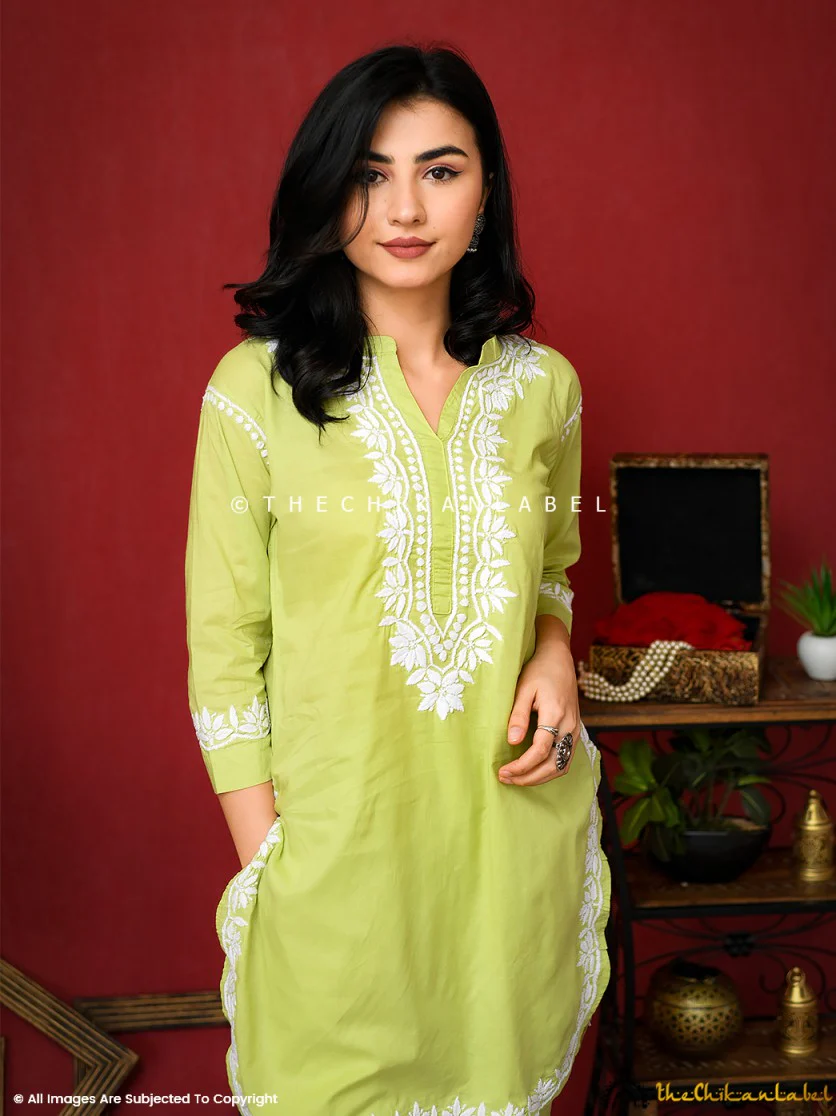 Rumi Organic Cotton Chikankari Kurta Set -Pista Green - Image 2