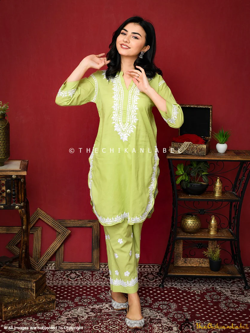 Rumi Organic Cotton Chikankari Kurta Set -Pista Green - Image 3