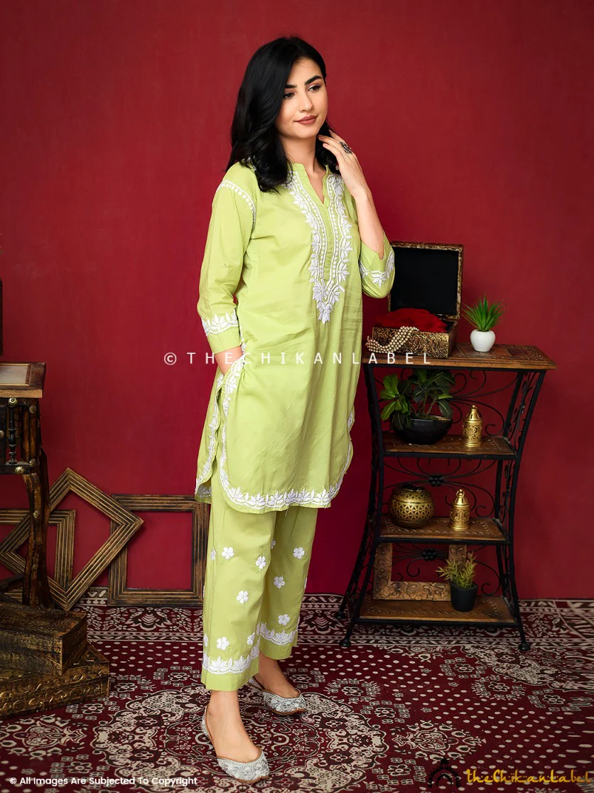 Rumi Organic Cotton Chikankari Kurta Set -Pista Green - Image 4