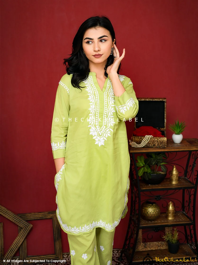 Rumi Organic Cotton Chikankari Kurta Set -Pista Green - Image 5