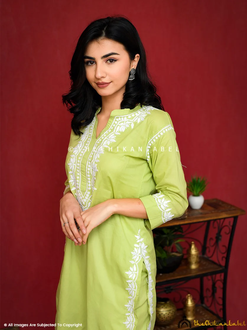 Rumi Organic Cotton Chikankari Kurta Set -Pista Green - Image 6
