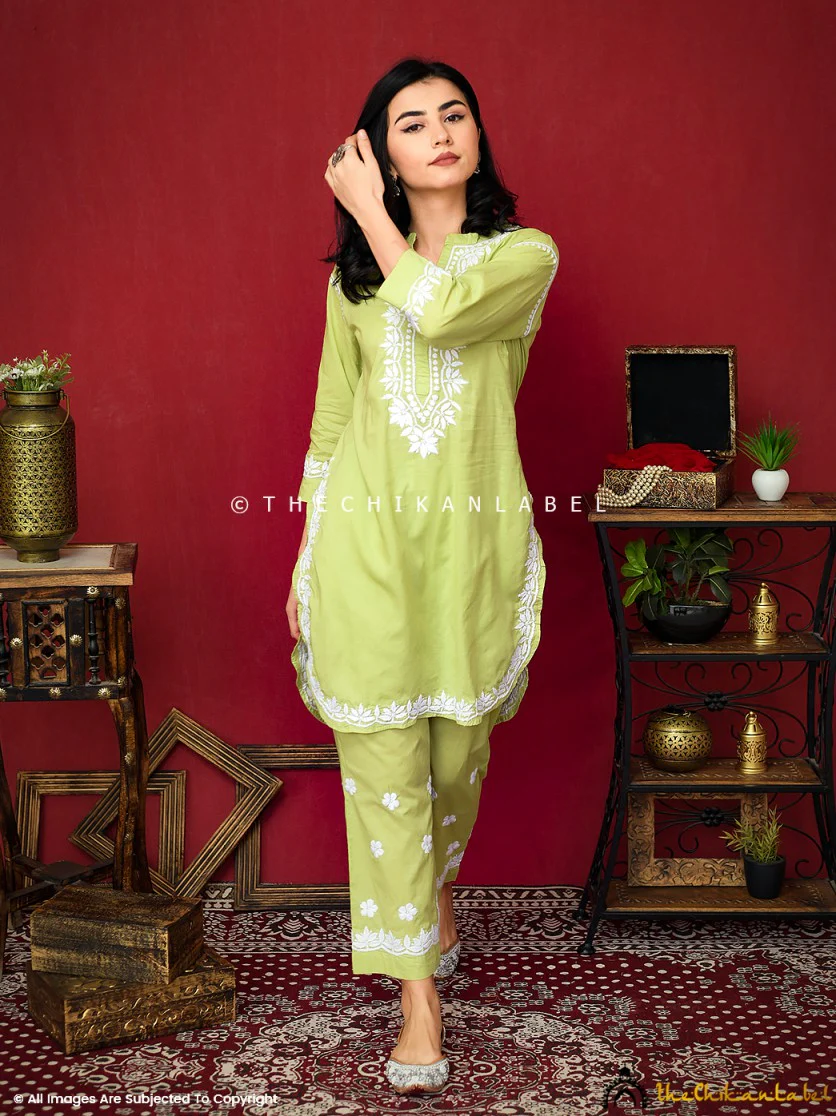 Rumi Organic Cotton Chikankari Kurta Set -Pista Green - Image 7