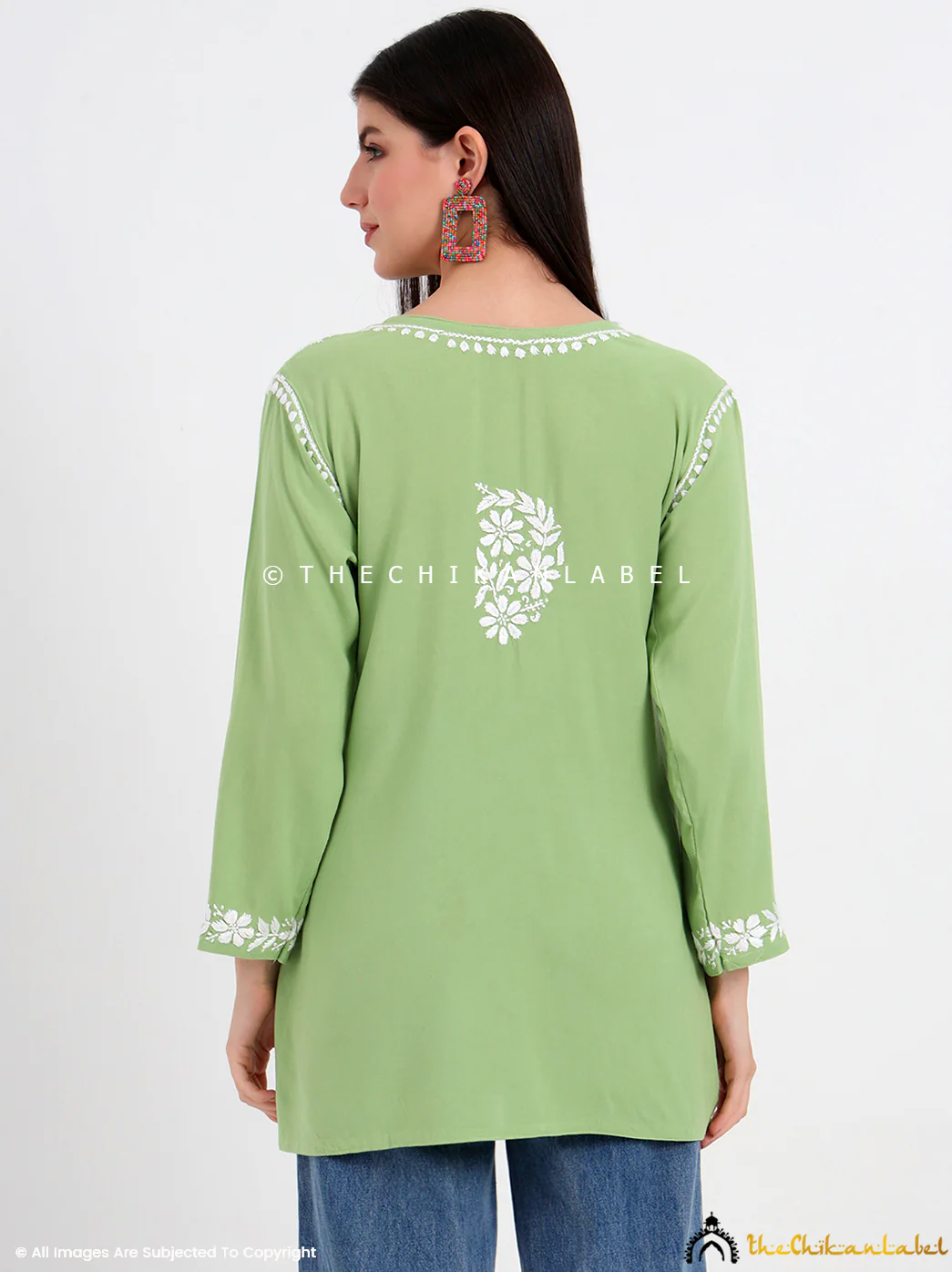 Ruzina Rayon Chikankari Short Top - Pista Green - Image 3