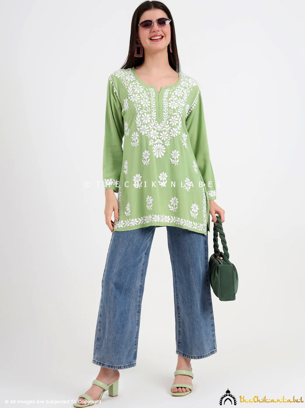 Ruzina Rayon Chikankari Short Top - Pista Green - Image 4