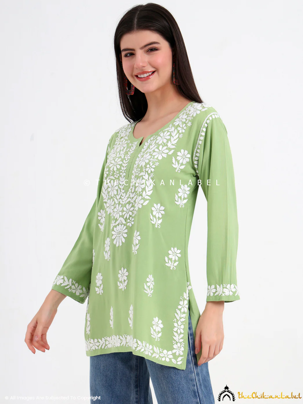 Ruzina Rayon Chikankari Short Top - Pista Green - Image 5