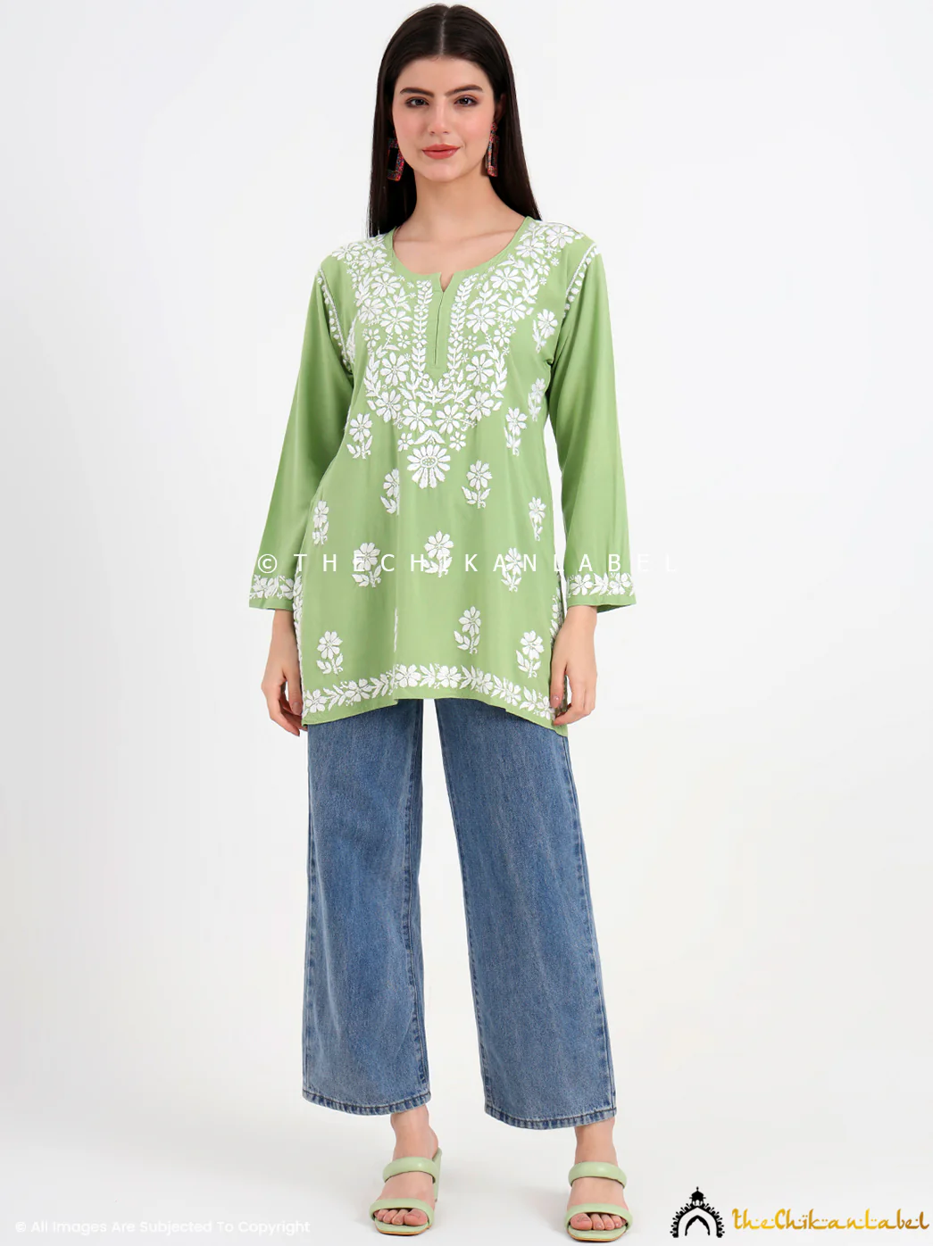 Ruzina Rayon Chikankari Short Top - Pista Green - Image 7