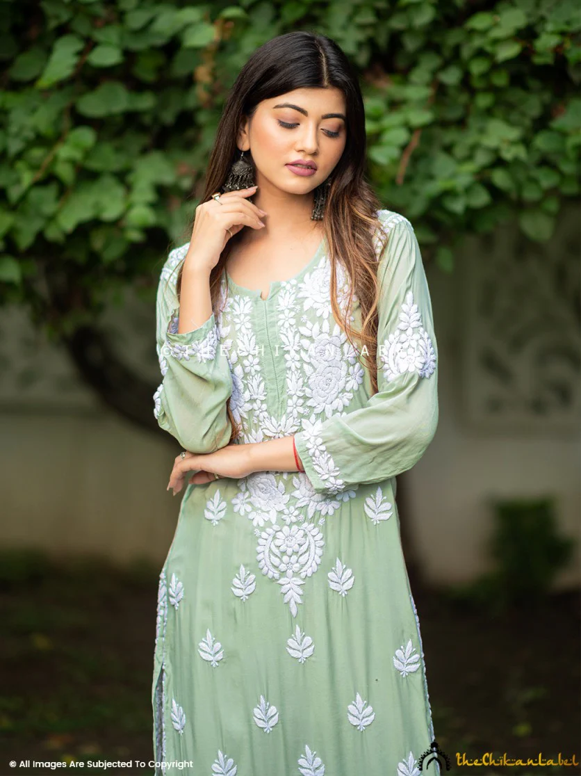 Pista Green Safa Muslin Chikankari Straight Kurti - Image 2