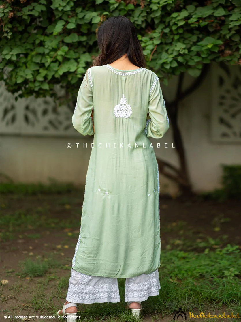 Pista Green Safa Muslin Chikankari Straight Kurti - Image 3